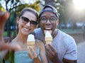 Love, ice cream or couple take a selfie in a park on a romantic date in nature in an interracial marriage. Pictures Royalty Free Stock Photo