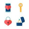 Love icons with heart phone, engagement ring, heart lock and key. Romantic elements of love message, weeding, virginity.