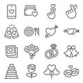 Love icons set vector illustration. Contains such icon as Rose, Couple Ring, Flower and more. Expanded Stroke Royalty Free Stock Photo