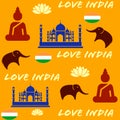 Love India Seamless pattern, Bright colourful background with elements of Culture of Asia in Cartoon style