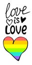 Love is love. Inspirational Gay Pride lettering with rainbow spectrum heart shape. LGBT rights concept Royalty Free Stock Photo