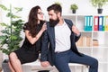 Love inspire. Sexy woman hug businessman. Love affair at workplace. Couple in love. Boss and secretary in romantic