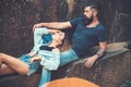 Love inspires them. Sensual couple on vacation trip. woman and bearded man on natural landscape. Couple in love on Royalty Free Stock Photo
