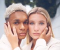 Love, interracial couple and portrait hug with young African man and white woman together. Romantic, attractive and Royalty Free Stock Photo