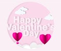 Love Invitation card Valentine`s day abstract background with text love and young joyful,clouds,paper cut pink heart. Vector Royalty Free Stock Photo