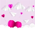 Love Invitation card Valentine`s day abstract background with text love and young joyful,clouds,paper cut pink heart. Vector Royalty Free Stock Photo