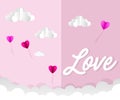 Love Invitation card Valentine`s day abstract background with text love and young joyful,clouds,paper cut pink heart. Vector Royalty Free Stock Photo