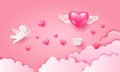 Love Invitation card Valentine`s day air balloon heart, aerostat pink heart with wings on abstract pink sky background Royalty Free Stock Photo