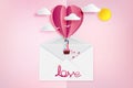 Love Invitation card Valentine`s day balloon heart on pink background with text love and young joyful,clouds,sun,paper cut pink Royalty Free Stock Photo