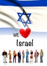We love Israel, A group of people pose next to the Israeli flag