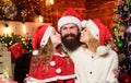 Love and kindness. Caring closest people. Togetherness concept. Father Santa claus costume with family celebrating