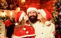 Love and kindness. Caring closest people. Togetherness concept. Father Santa claus costume with family celebrating