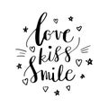 Love Kiss Smile Decorative letters, hearts and stars. Hand drawn lettering inspiration quote. inscription. Font, motivational post