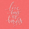 Love knows no borders vector script thin lettering phrase on heart pattern background. Minimalistic elegant design for