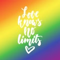 Love knows no limits - LGBT slogan hand drawn lettering quote on the Rainbow color background. Fun brush ink inscription Royalty Free Stock Photo