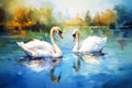 Love on the Lake: A Serene Illustration of Two Swans in a Tranqu