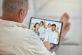 Love, laptop and grandfather on video call communication with children, parents and happy family wave hello at home Royalty Free Stock Photo