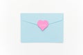 Love Letter. Blue closed envelope and pink heart with text LOVE on white background. Top view Flat lay Template for your