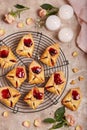 Love letter cookies. Envelopes with cherry jam filling decorated with hearts. Dessert for Valentine day.