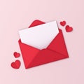 Love letter creative idea concepts blank white paper in red envelope and red origami hearts on pink pastel color Royalty Free Stock Photo