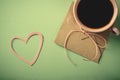 Love letter, envelope and pink cup of coffee. Valentines card. Horizontal, flat lay