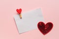 Love letter mockup. Greeting card with pin and red heart with copy space for text or design. Festive concept for Valentine or Royalty Free Stock Photo