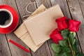 Love letter notepad, red roses and coffee cup Royalty Free Stock Photo