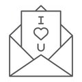 Love letter thin line icon, love and valentine, envelope sign, vector graphics, a linear pattern on a white background.