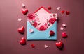 Love letter unfolding, blue envelope with rose flowers and hearts on a cozy dark purple background Royalty Free Stock Photo