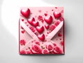 Love letter unfolding, pink envelope with roses and red flowers on white background Royalty Free Stock Photo