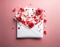Love letter unfolding, white envelope with paper cut-out flowers roses and hearts on peach background Royalty Free Stock Photo