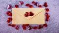 Love letter for Valentine\'s Day. Two red hearts on an envelope on a blue background. Royalty Free Stock Photo