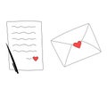 Doodle love letter for Valentines day. White envelope with heart. Vector illustration
