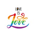 Love is love lettering with rainbow. Gay parade slogan. LGBT rights symbol. Modern brush calligraphy. Lettering and trendy typogra