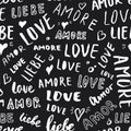 Love lettering seamless pattern vector illustration. Love written in different languages romantic words background Royalty Free Stock Photo