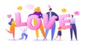 Happy flat people character holding large letters LOVE