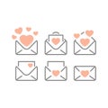 Love letters and heart line and fill vector icon set
