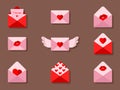 Love letters icon design. Set of post envelopes for Valentine`s Day. Flat icons with hearts and kisses.