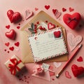 Valentines Day Background with Envelope, Greeting Card, and Red Hearts, A Holiday Message. Generative ai for illustrations