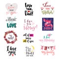 Love lettring vector lovely calligraphy lovable sign to mom dad iloveyou on Valentines day beloved card illustration set Royalty Free Stock Photo