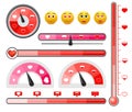 Love level meter set, vector isolated illustration. Love gauge, scale, thermometer with hearts.