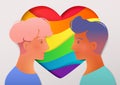 Love LGBTQ illustration with portraits of young gay couple over a colorful paper cut style rainbow heart