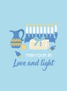 Happy Hanukkah card. Love and light. Holidays lettering. Ink illustration. Translation from Hebrew: Happy Hanukkah