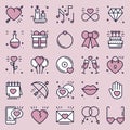 Love line icons concept set. Happy Valentine s day pink signs and symbols. Love, couple, relationship, dating, wedding Royalty Free Stock Photo