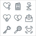 Love line icons. linear set. quality vector line set such as heart, search, key, letter, puzzle, jealous, planet