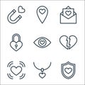 Love line icons. linear set. quality vector line set such as protection, necklace, heart, broken heart, in love, padlock, letter,
