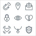 Love line icons. linear set. quality vector line set such as protection, necklace, heart, broken heart, in love, padlock, letter,