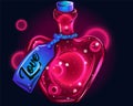 Love liquid in a jar - magic poison illustration for valentine`s day. Recipe for attraction in a heart-shaped bottle. Neon fantasy