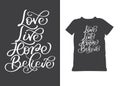 Love, live, hope, believe hand drawn vector lettering quote for thanksgiving concept. White calligraphic text isolated. typography Royalty Free Stock Photo