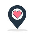 Love location symbol. Heart with map dot. GPS icon isolated